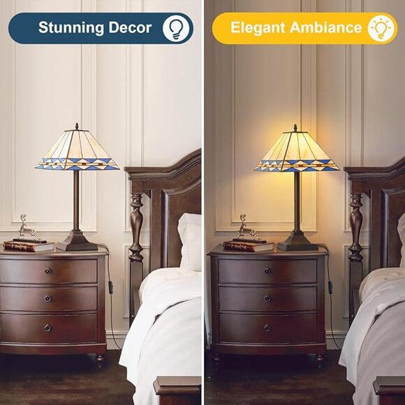 Tiffany Style Table Lamp, Vintage Bedside Nightstand Lamp w/Square Stained Glass - Picture 4 of 5